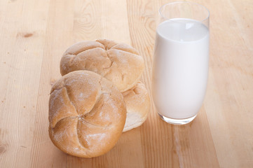 bread and milk in a glass