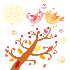 Autumn tree with loving birds