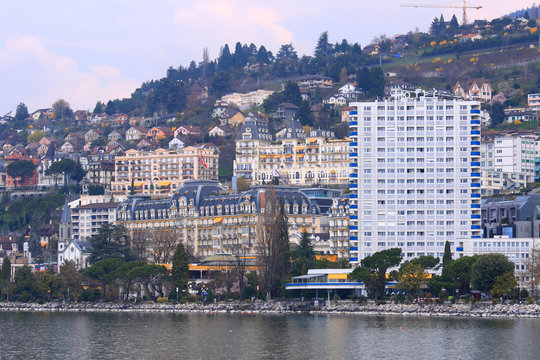 Skyscrapers along the montreux lake Switzerland close to France