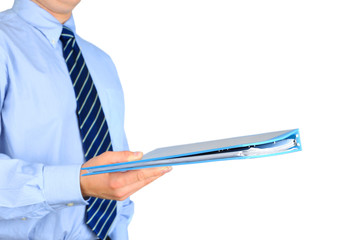 Well-dressed businessman is giving a folder