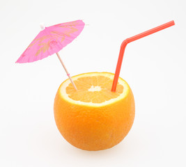 orange with cocktail umbrella and drinking straw on white