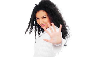 smiley woman showing negation