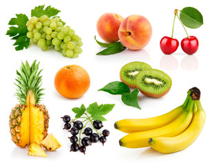 set fresh fruits with green leaves