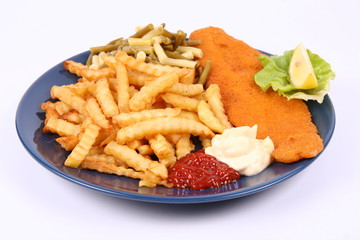 Fish and chips with some runner beans ,lemon and lettuce