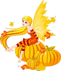 Wall murals Magic World Autumn Fairy on the Pumpkin