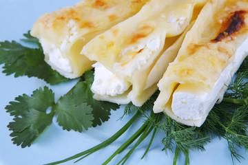 cheese cannelloni on blue