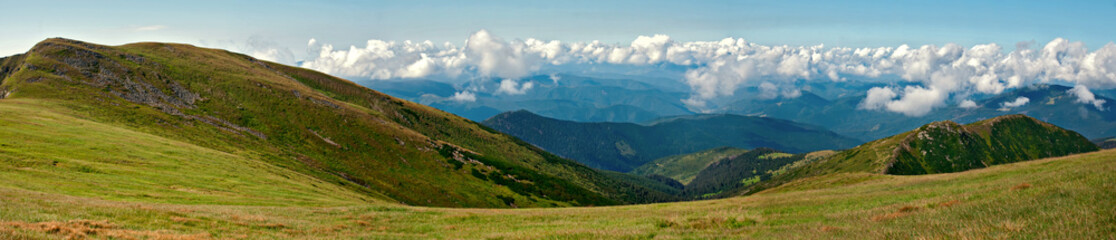 Ukraine, Carpathian Mountain panorama. Three shots stitch image