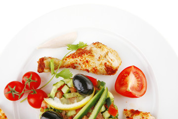 grilled chicken meat drumstick on white