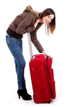 young lady unzipping her bag