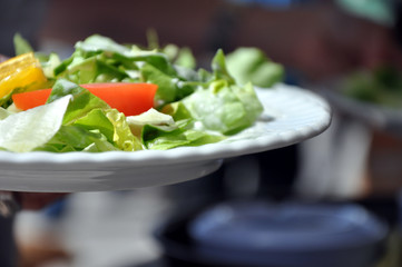 Der großer, gemischter Salatteller wird gebracht: gesunde, leichte Kost