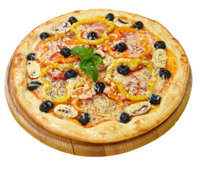 Pizza with cheese, peper, tomato, mushrooms and olives