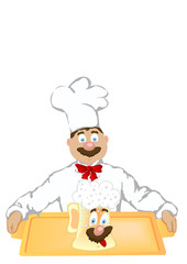 The vector illustration the cheerful cook holds a beer glass