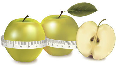 Three green apples measured the meter. Vector.