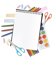 Back to school. Notepad with supplies. Vector.
