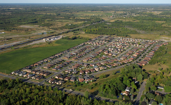 Aerial view of North American suburban neighborhoods