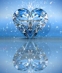 Heart shaped diamond over blue with reflection - obrazy, fototapety, plakaty