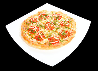 round pizza on square plate