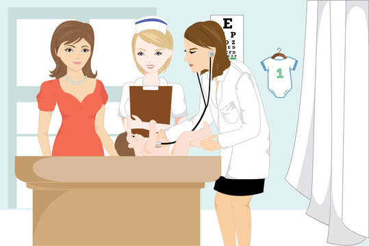 Vector illustration of a doctor examining a baby at her office