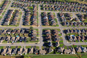 Aerial view of North American suburban neighborhoods