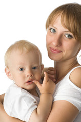 happy mother with baby(son) over white