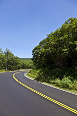 scenic country road curves through Shenandoah  National Park.