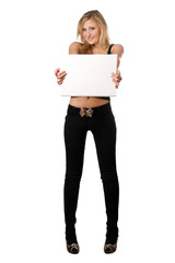 Fototapeta premium Playful blonde holding white billboard