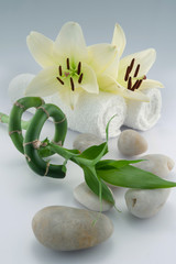 Fototapeta na wymiar Ręczniki z bambusa i kwiatów