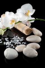 Fototapeta na wymiar Stones with orchid and rolled bamboo mat