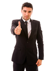 young business man thumb up, isolated on white