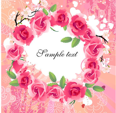 Vector summer floral wreath with roses on pink background