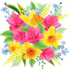 Fototapeta na wymiar Big spring beautiful bunch of flowers with tulips and daffodils