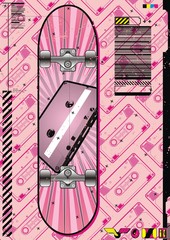 Skateboard design on a tape cassette background.
