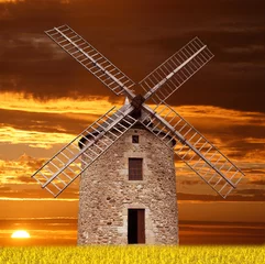 Papier Peint photo autocollant Moulins ancien moulin au coucher du soleil