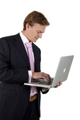 businessman photographed with fish-eye lens on white background