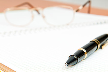 Pen and eye glasses on the page