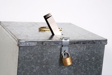 Metal ballot box with padlock ticket voting