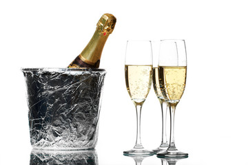 Champagne flutes and ice bucket