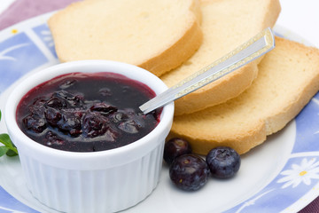 three toasts and blueberry jam