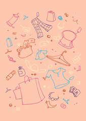 illustraition of shopping symbols, hand drawn design set.