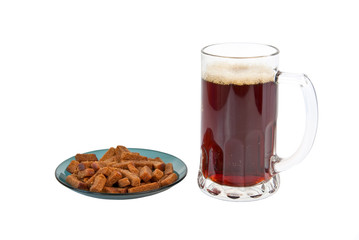 Dark beer and garlic breads isolated on white