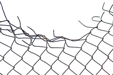 Grunge aged crushed rusty wire security fence isolated - 25418404