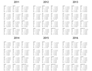 Multi year calendar from 2011 to 2016