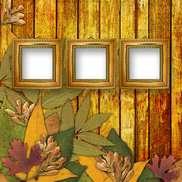 Old grunge frame on the abstract background with autumn leaves