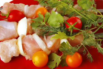kebabs served on red plate