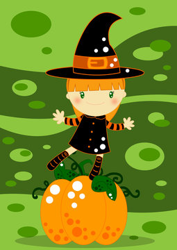Halloween bambina vestita da strega e zucca
