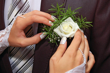 hands fiancee on the buttonhole of groom