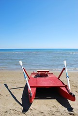 Typical red lifeboat, Rimini, Italy