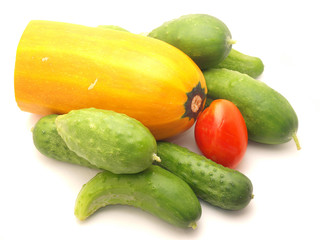 Tomatoes, vegetable marrow and cucumbers