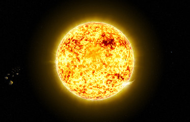 Sun in space with asteroid