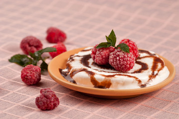Dessert with rasberry and mint